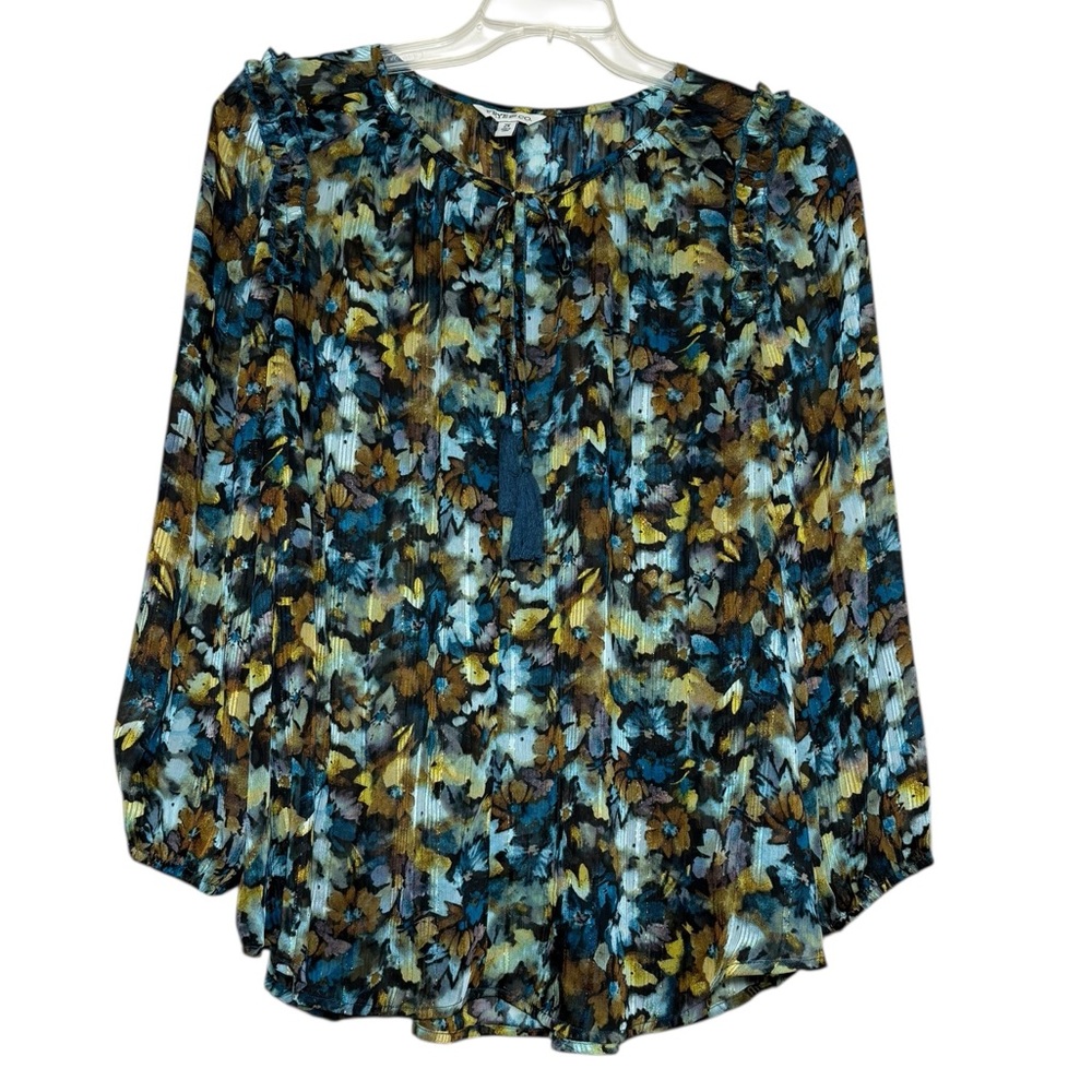 Frye & Co blue black yellow brown floral long sleeve peasant top size 2X